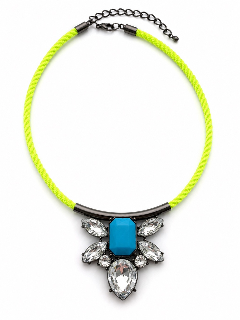 Neon Rope & Rhinestone Statement Necklace | Turquoise Blue Center & Gunmetal